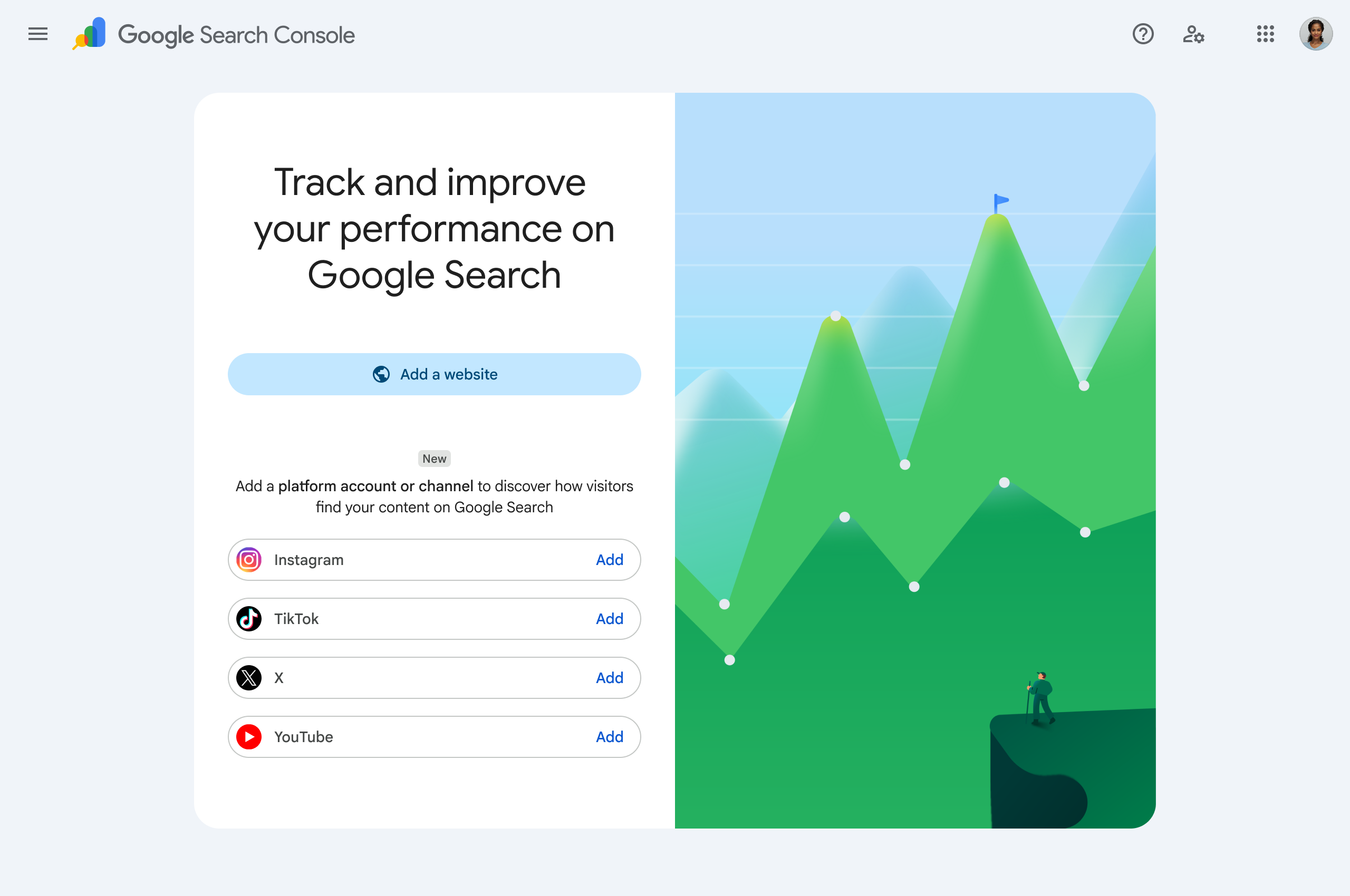 Google Search Console interface for adding Instagram as a platform property