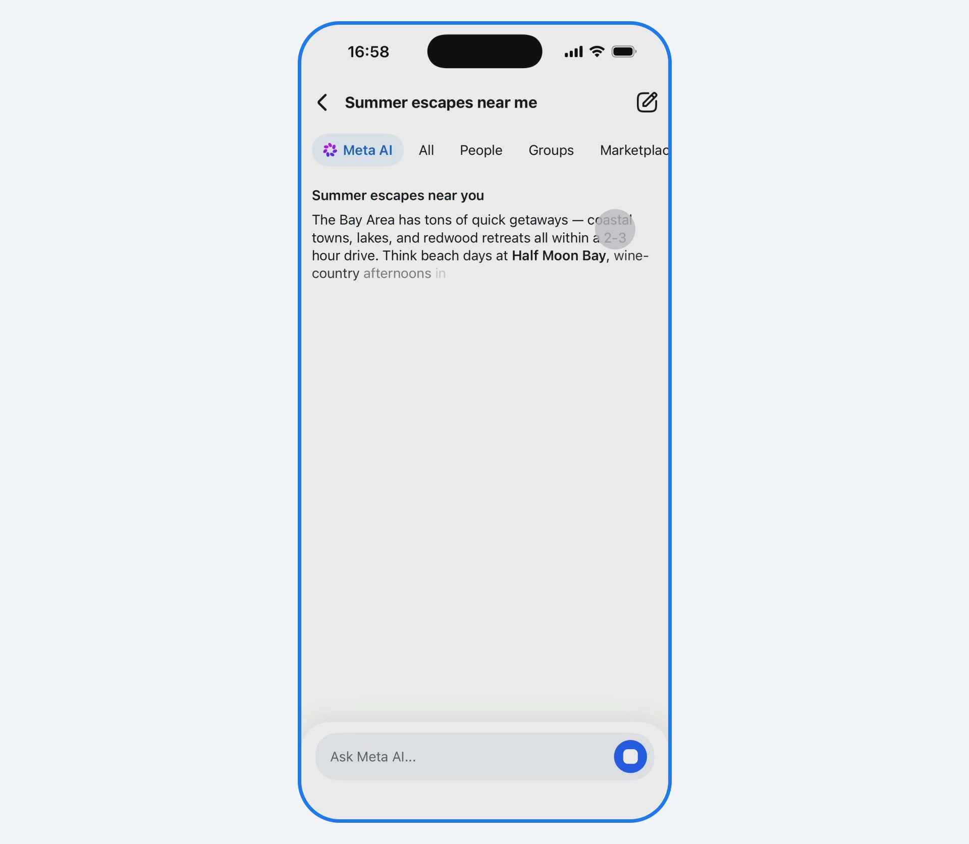 Frame from Meta's AI Mode search demonstration showing answer-led search results grounded in public content